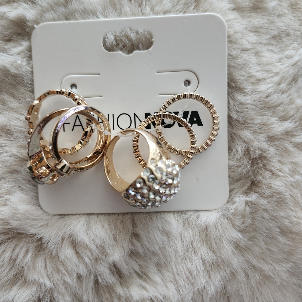 Fashion Nova Gold and Silver Stackable Ring Set; Brand New On Card Never Worn